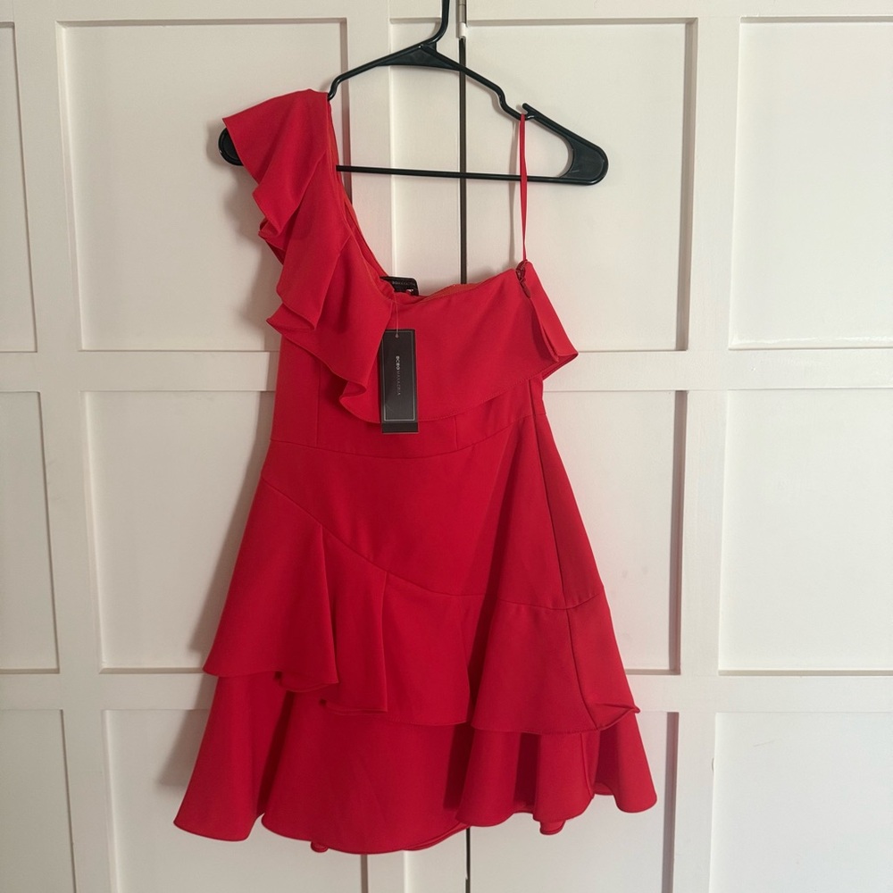 BCBGMaxAzria Vibrant Red Dress, one shoulder with ruffles! Flattering & fun!